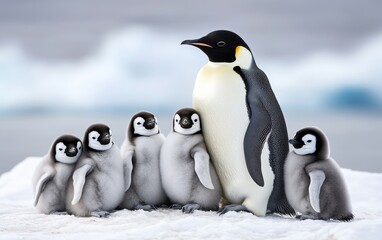 Obraz premium A group of adorable emperor penguin chicks huddle together with an adult in a snowy environment.