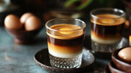 A stylish presentation of Vietnamese egg coffee with a side of condensed milk and traditional Vietnamese elements in the background