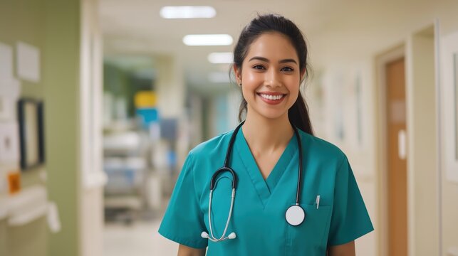 A woman in a green scrubs is smiling and wearing a stethoscope at hospital - Powered by Adobe