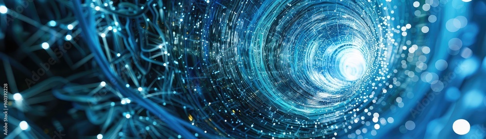 Poster Captivating futuristic abstract design featuring glowing lights and swirling patterns, ideal for technology and science themes.