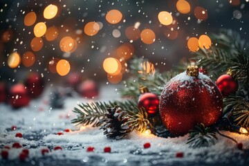 A close-up of a red Christmas bauble covered in snow, surrounded by pine branches and warm bokeh lights, creating a cozy winter holiday ambiance.