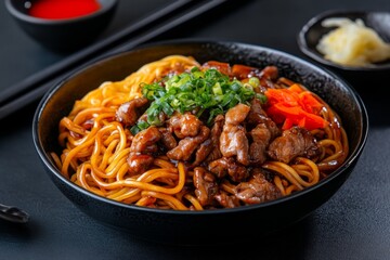 Japanese food, yakisoba, stir-fried noodles mixed with vegetables and meat, topped with a savory sauce and pickled ginger