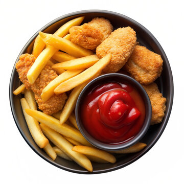 chicken fry, frence fry and katchup in a black bowl