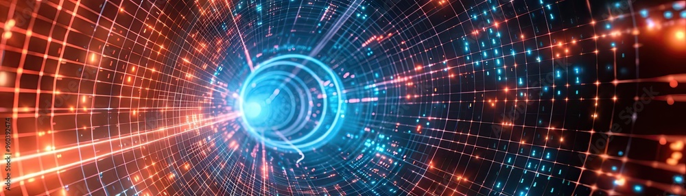 Poster a mesmerizing digital tunnel showcasing vibrant lines, lights, and colors, creating a futuristic and