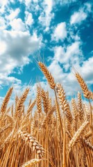 Fototapeta premium Golden Wheat Fields Swaying in Autumn Breeze: Picturesque Rural Landscape Heralds Bountiful Harvest Season. Symbolic Imagery of Agricultural Abundance, Changing Seasons, and Farmer's Renewed Hope. AI-