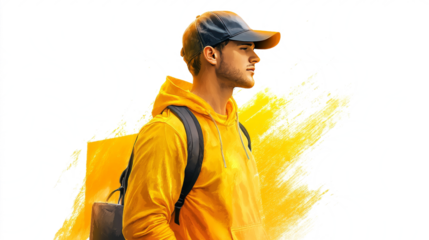 Smiling man with black cap holding backpack in studio