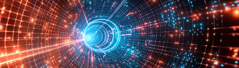Obraz premium A mesmerizing digital tunnel showcasing vibrant lines, lights, and colors, creating a futuristic and dynamic visual experience.