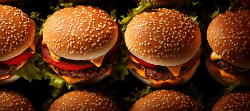 Delicious burgers and tasty cheeseburgers with lettuce, tomato, onion, cheesse and sesame seed buns. Fast food background.