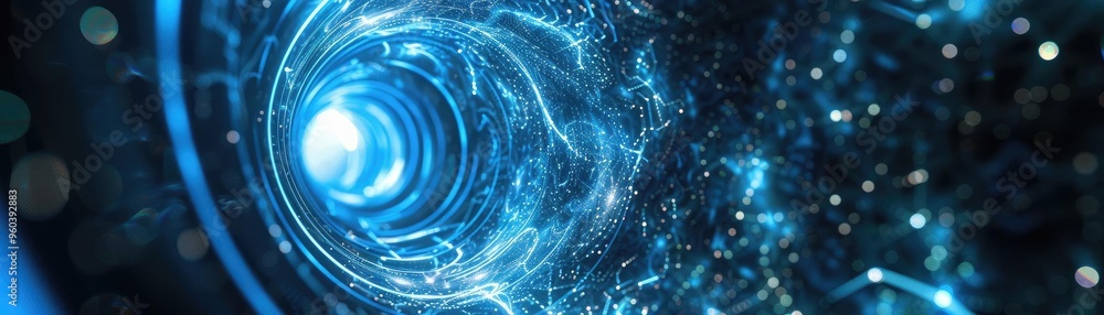 Poster An abstract representation of a glowing tunnel with dynamic blue light, evoking a sense of depth and cosmic mystery.