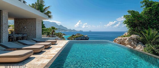 Fototapeta premium Luxurious Villa Terrace Oasis: Sunbeds, Turquoise Pool, and Breathtaking Sea View