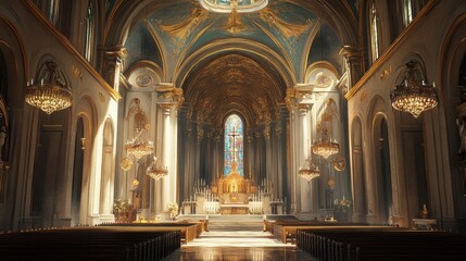 Fototapeta premium A church interior with ornate chandeliers, high ceilings, and a central aisle leading to the altar.