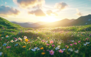 Fototapeta premium A vibrant meadow filled with colorful flowers, basking in the warm glow of a sunset over distant mountains.