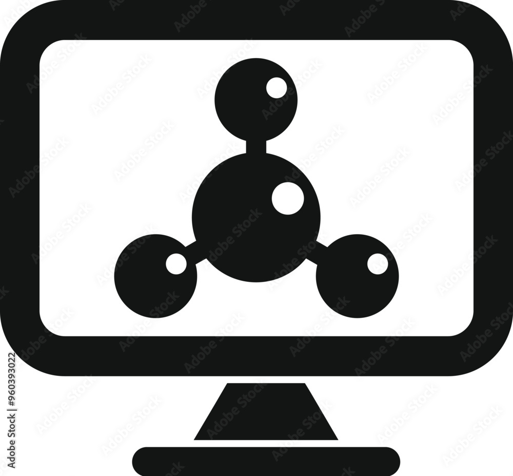 Poster simple black and white vector showing a computer monitor displaying a molecular structure, represent