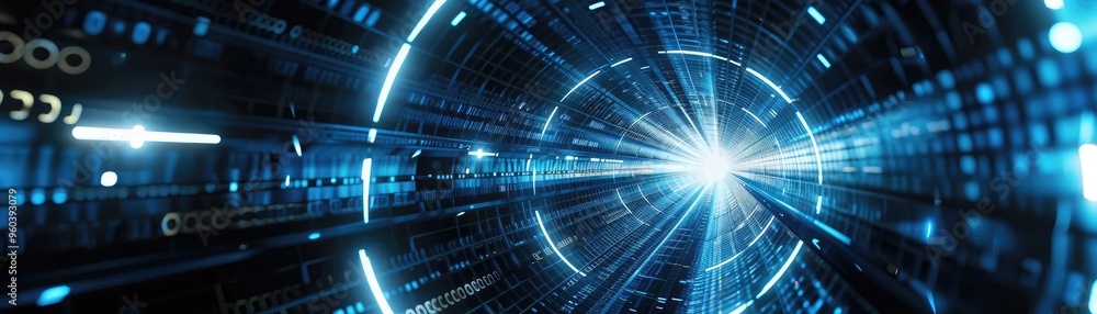 Aufkleber a captivating digital tunnel of light, showcasing vibrant blue hues and dynamic patterns, representi