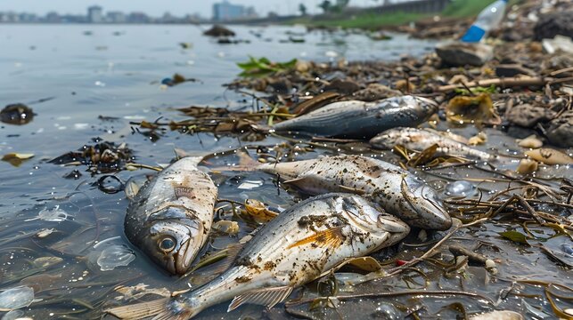 Because of the pollution in the water dead fish are left on the shore