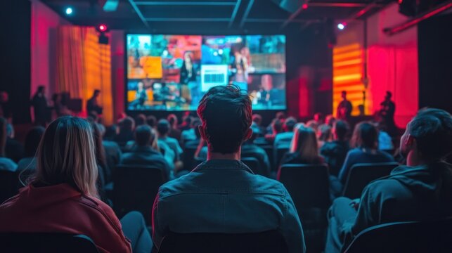 A vibrant crowdfunding finance community event, with project creators pitching their ideas to potential backers, digital screens showing funding goals and progress