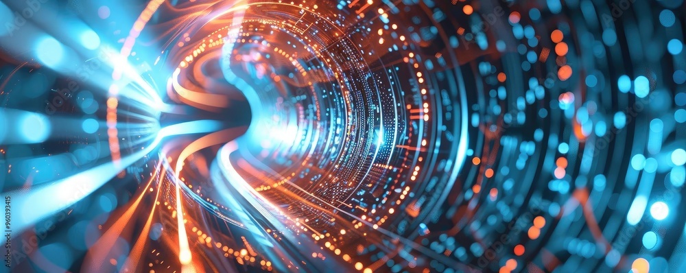 Poster vibrant light tunnel with swirling patterns and dynamic energy, showcasing a futuristic digital land