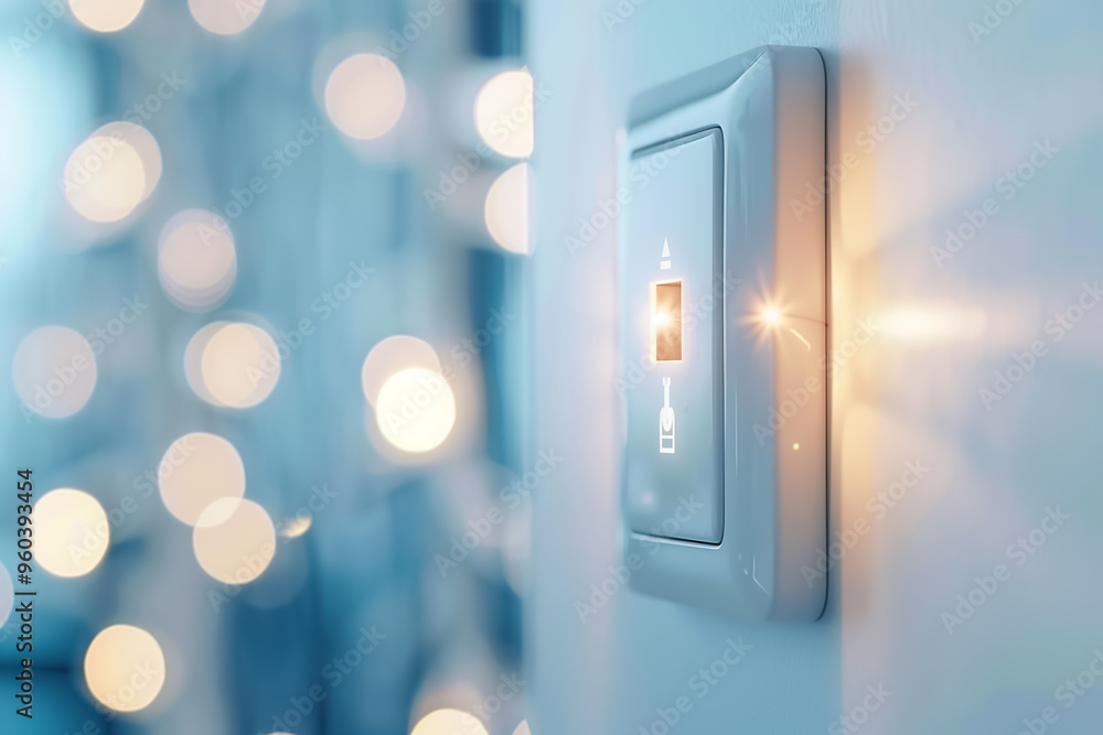 Poster a hand reaches for a light switch in a softly lit room adorned with blurred decorative lights, creat