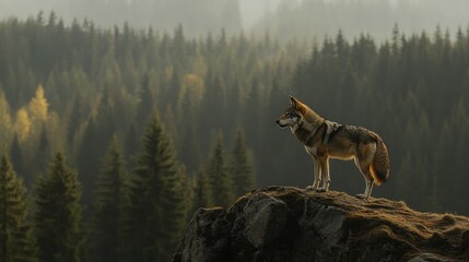 A coyote stands on a rocky outcrop, overlooking a misty forest landscape at dawn.