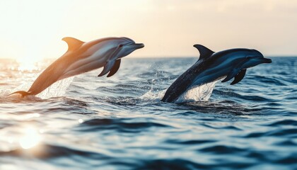 Fototapeta premium Two dolphins gracefully leap out of the ocean against a sunset backdrop, showcasing their playful nature.