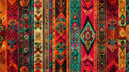 Detailed rendering of Peruvian fabric patterns with intricate designs and bold hues, suitable for decorative textiles and wallpapers