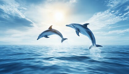 Two dolphins leap gracefully above the shimmering ocean, illuminated by the sun in a serene, aquatic scene.