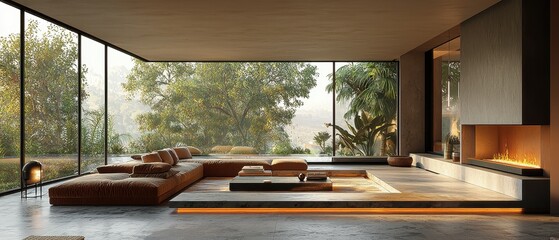 Modern Minimalist Living Room with Stylish Fireplace and Modular Seating in Serene Color Palette
