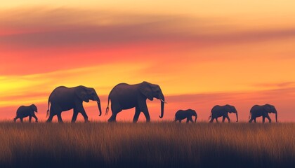 Fototapeta premium A silhouette of elephants walking across a grassy landscape at sunset, showcasing nature's beauty and tranquility.