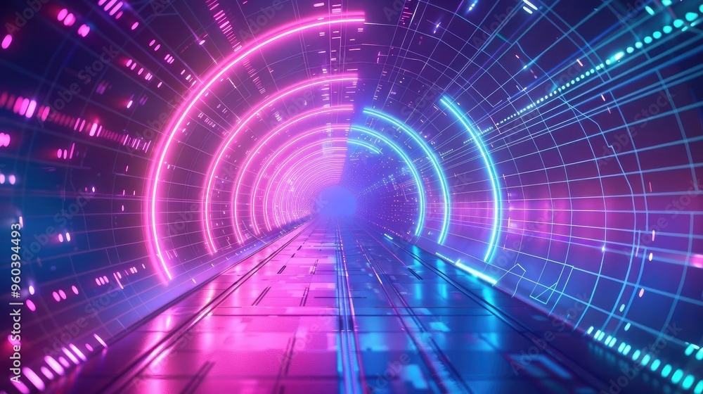 Poster A futuristic tunnel illuminated by vibrant neon lights in pink and blue, creating a sense of depth and motion.