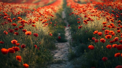 Path through a field of red poppies at sunset