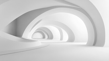 Abstract White Interior Design with Curved Walls and Arched Pathways