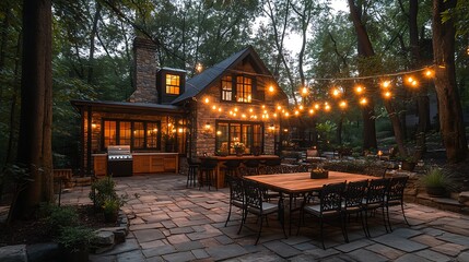 Naklejka premium A cozy alfresco dining patio with smooth pavers, a large wooden table surrounded by elegant chairs, a stone outdoor kitchen in the background, warm string lights illuminating the scene,