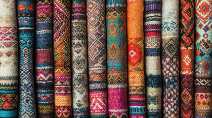 Obraz premium High-resolution depiction of Peruvian fabric patterns featuring traditional elements and rich textures, suitable for decorative purposes