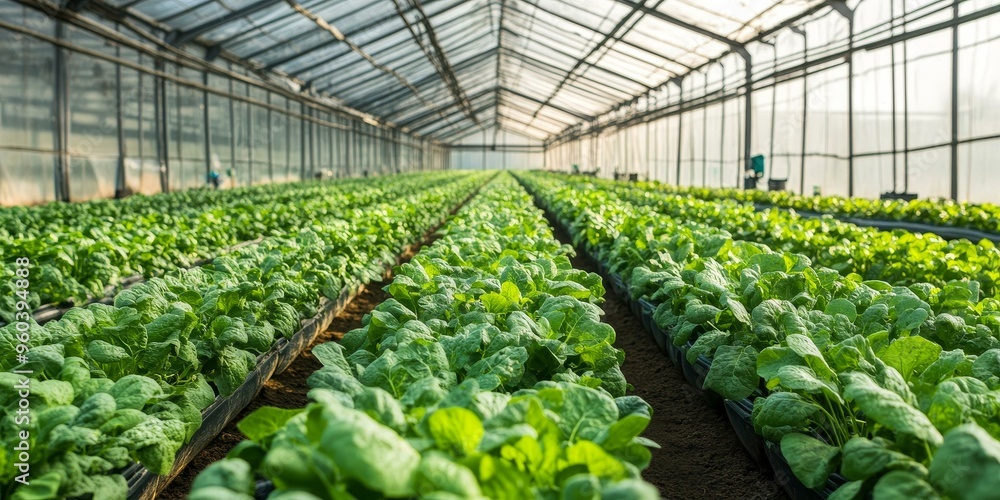 Sticker Rows of leafy greens growing in a greenhouse.