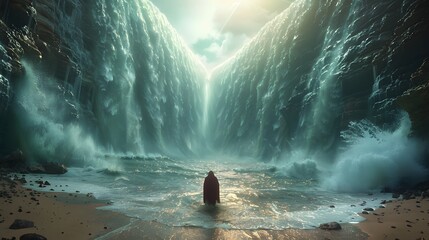 Obraz premium Show the powerful image of Moses at the forefront, leading the Israelites through the parted Red Sea, with towering water walls and a sky filled with radiant, divine light