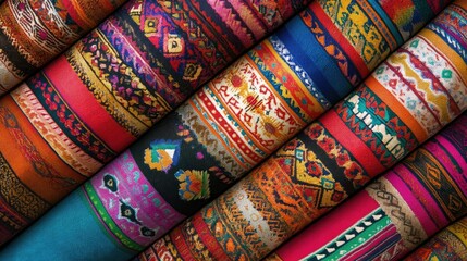 High-resolution digital artwork of Peruvian fabric patterns, emphasizing traditional artistry and detailed patterns for design projects
