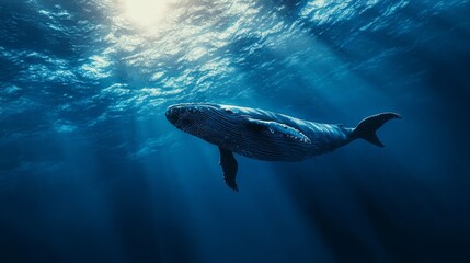 A serene underwater scene featuring a whale swimming gracefully in sunlit waters.