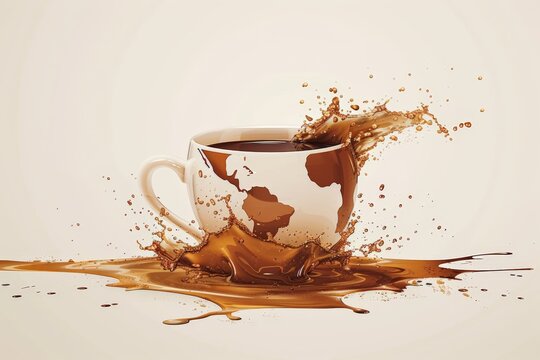 A creative illustration of a coffee cup with coffee splashing around, forming a world map pattern in the liquid.