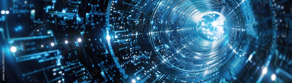 Poster Futuristic digital tunnel with glowing lines and patterns, representing technology and the endless flow of data in cyberspace.