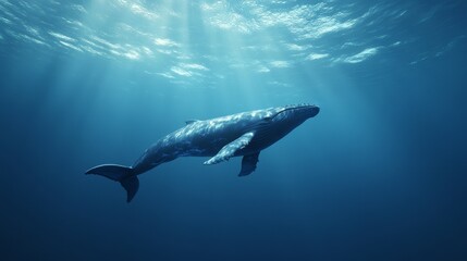 Fototapeta premium A serene underwater scene featuring a whale swimming gracefully in the deep blue ocean illuminated by sunlight.