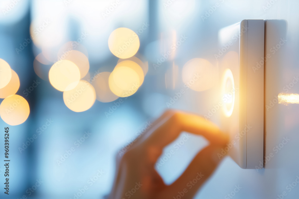 Poster a hand gently turns a modern light switch in a brightly lit room, with soft bokeh lights creating a 