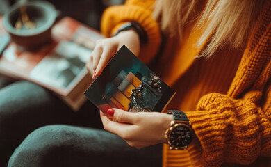 Close-up of a woman hands holding a postcard or flyer