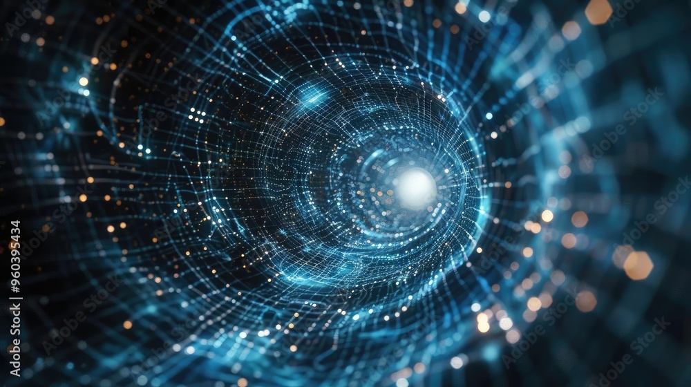 Poster a mesmerizing digital tunnel featuring vibrant blue lights and glowing particles, creating a dynamic