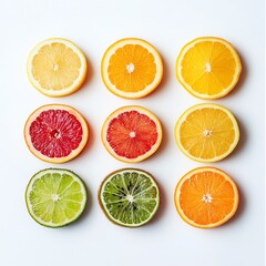 Obraz premium tranches d'agrumes variés sur fond blanc, différents fruits coupés