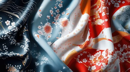 Fototapeta premium High-resolution digital rendering of traditional Japanese fabric patterns, showcasing delicate designs and vibrant colors for textile use