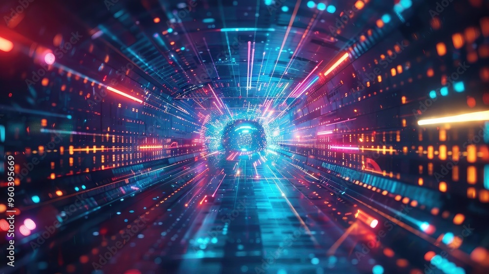 Poster A vibrant digital tunnel with colorful light streaks, creating an immersive experience of motion and energy.