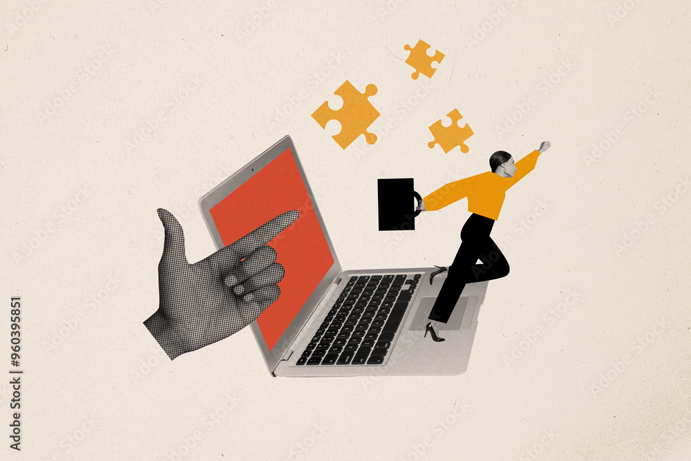 Poster Composite collage image of running female netbook internet working process puzzle solve problem billboard comics zine minimal