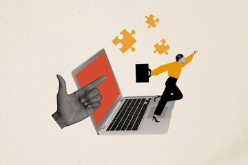 Composite collage image of running female netbook internet working process puzzle solve problem...