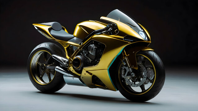 A futuristic motorcycle with a gold and black color scheme, featuring a low-slung design and aerodynamic elements.