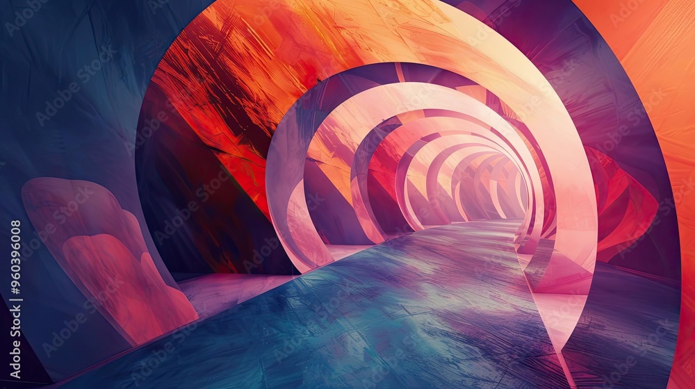 Poster a vibrant abstract tunnel with swirling colors, evoking a sense of motion and depth, perfect for art